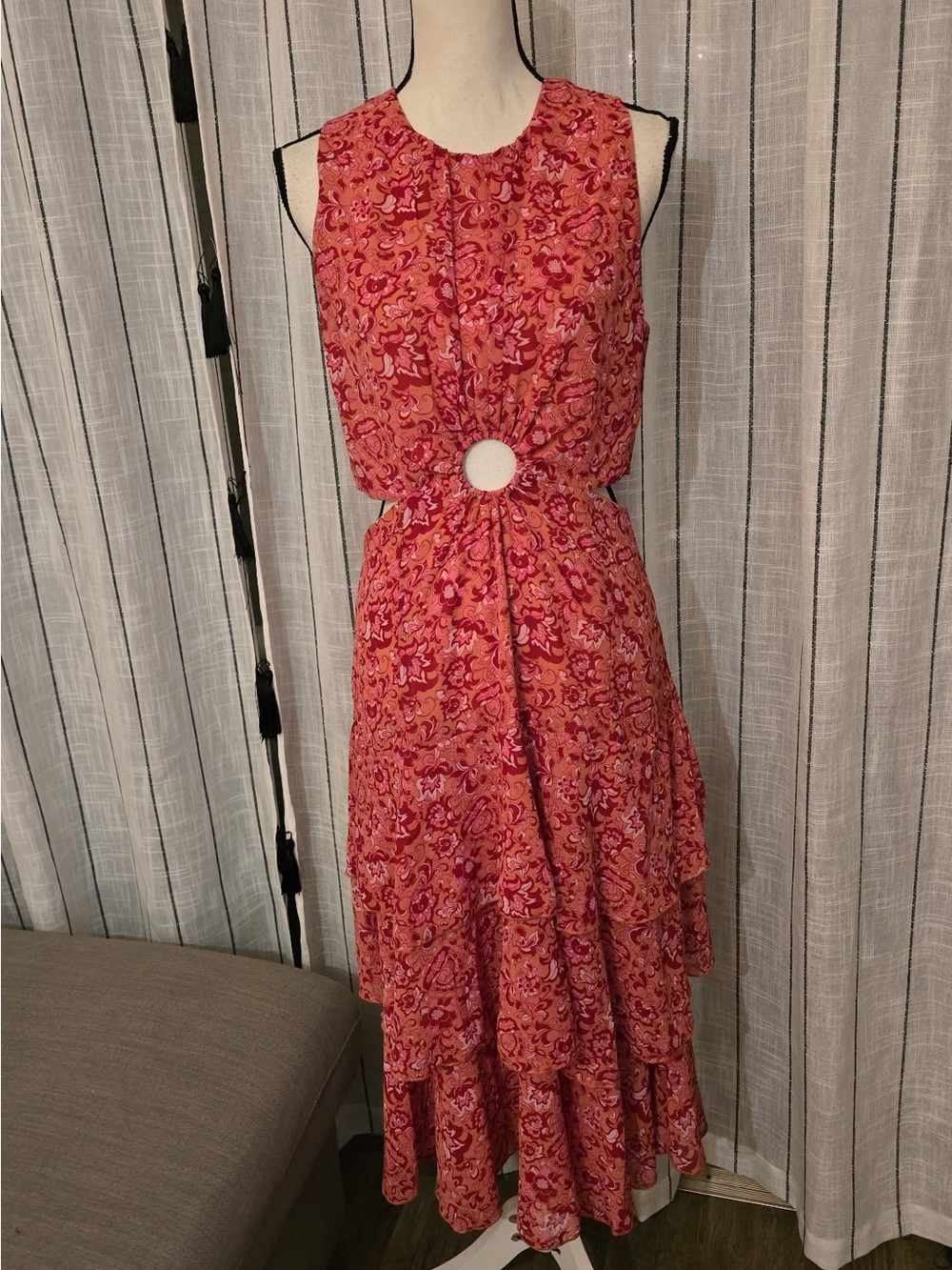 Pink Floral Sleeveless Maxi Dress with Waist Ring Detail